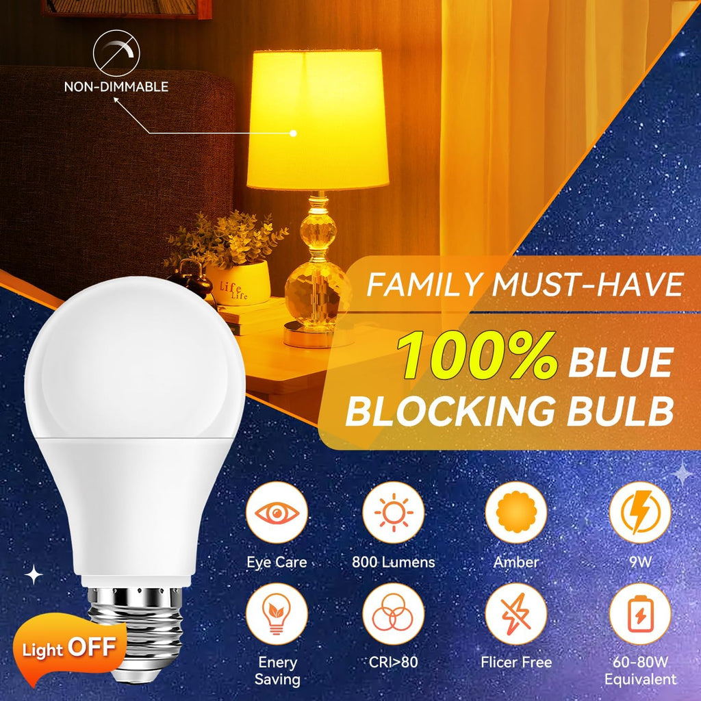 Amber Sleep Light Bulbs 1800K, 9W 60 Watt Equivalent, 99.96% Blue Blocking Soft Warm Light Bulbs A19, Amber Night