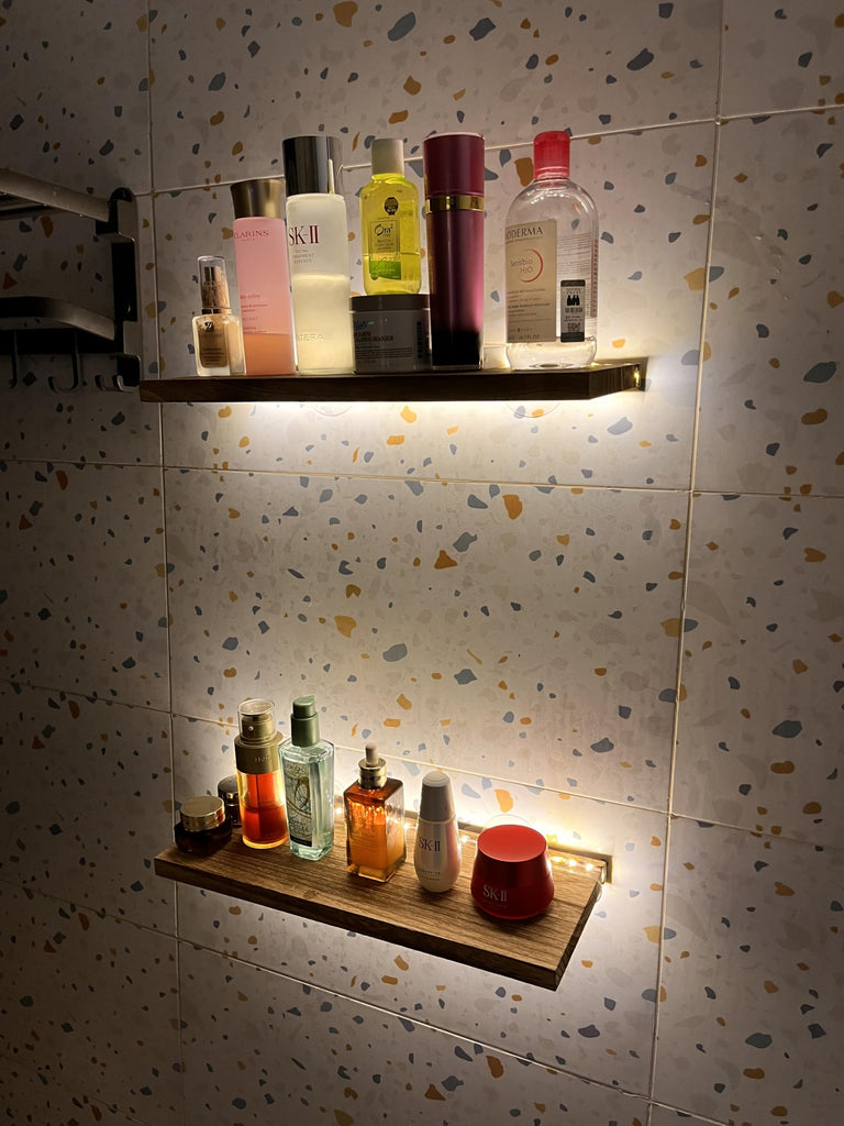 Floating Shelves for Wall Decor Wood Wall Mounted Shelves with LED Lights Set of 2, Sturdy Rustic Wood Shelves