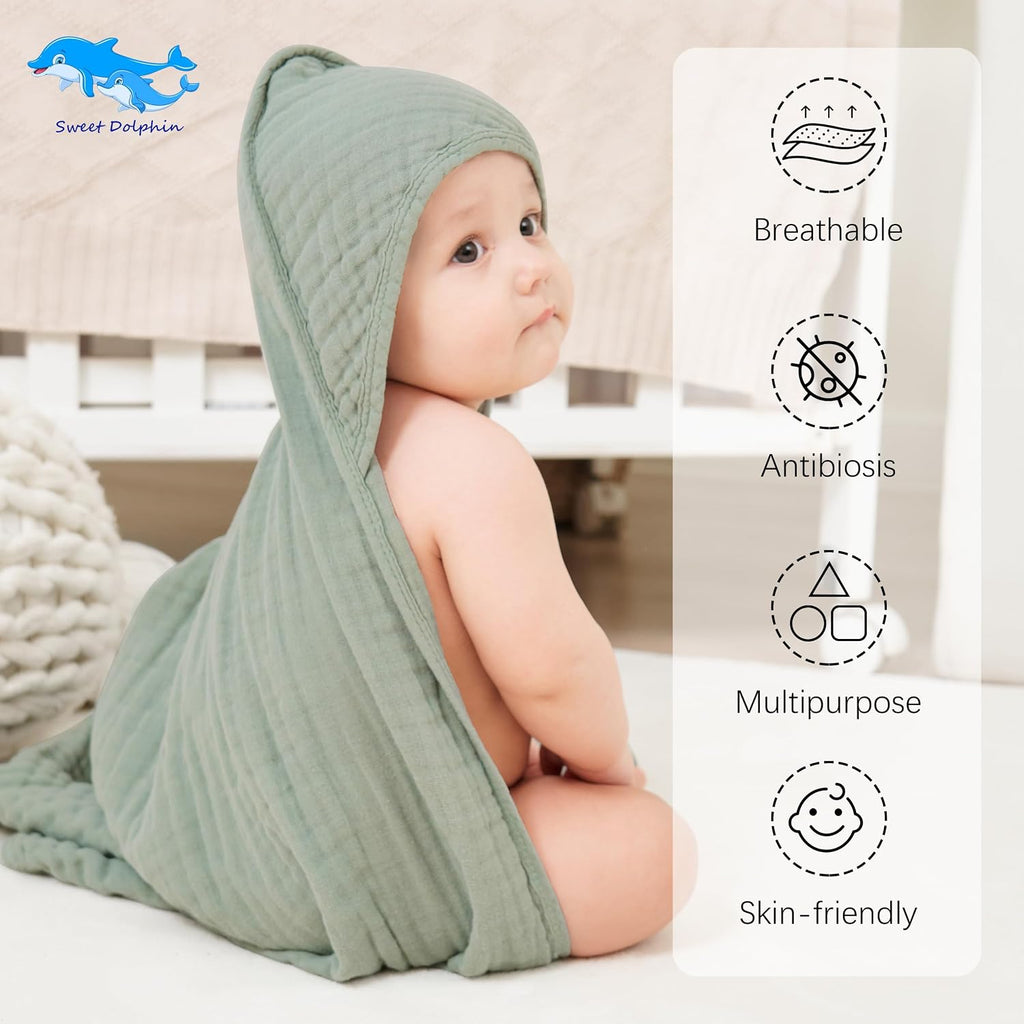 Muslin Hooded Baby Bath Towels - 2 Pack 100% Cotton Towel for Babies, Infants, Toddlers - 32x32Inch - Highly