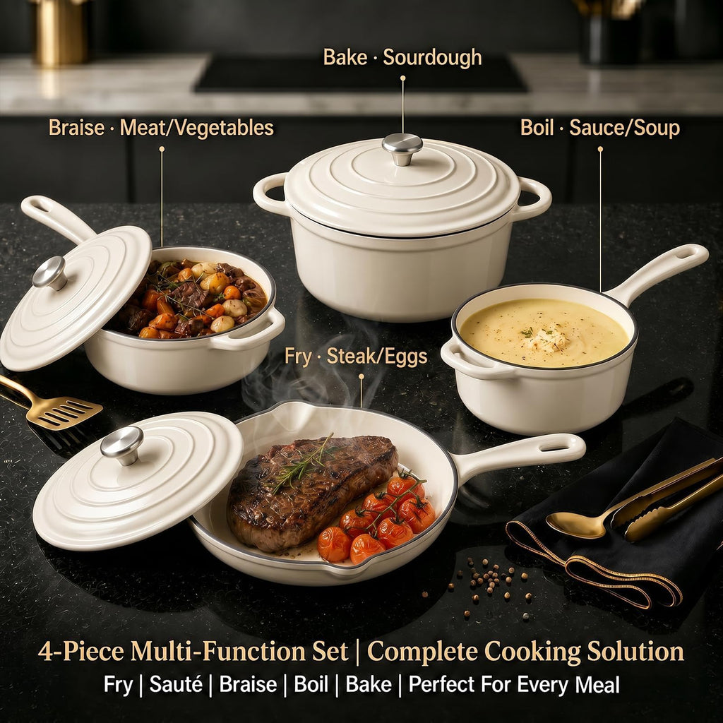 Nonstick Enameled Cast Iron Cookware Set, 4-Pcs Pots and Pans with Lids