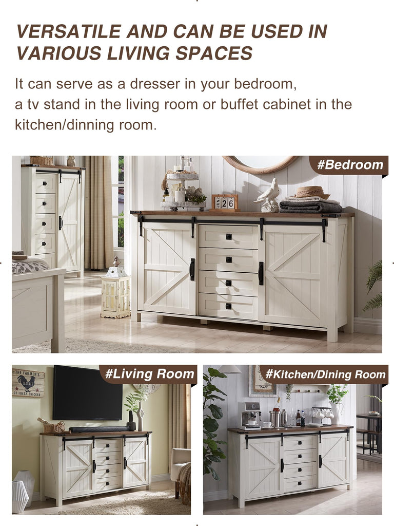60-Inch Farmhouse Dresser with 4 Drawers and Sliding Barn Doors