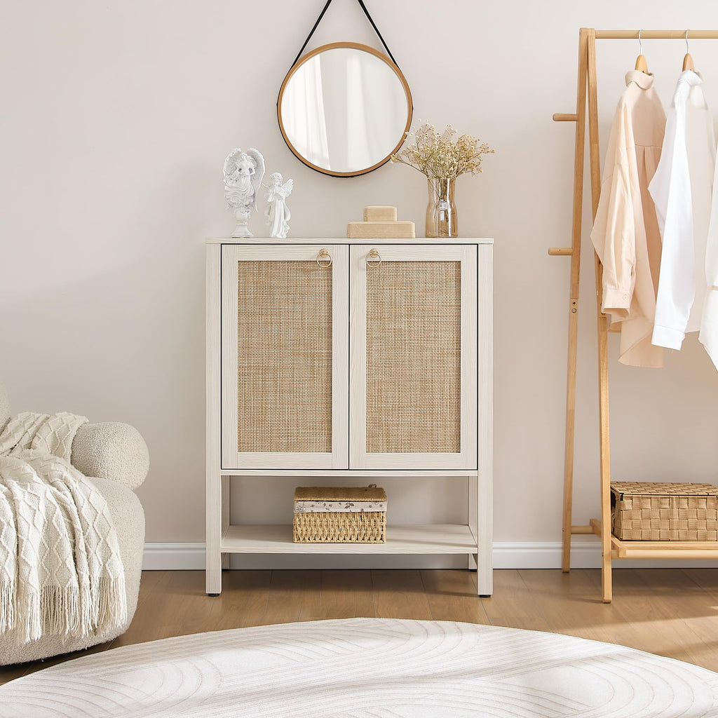 Rattan Shoe Cabinet with Storage, 5 Tier, White Cream Oak