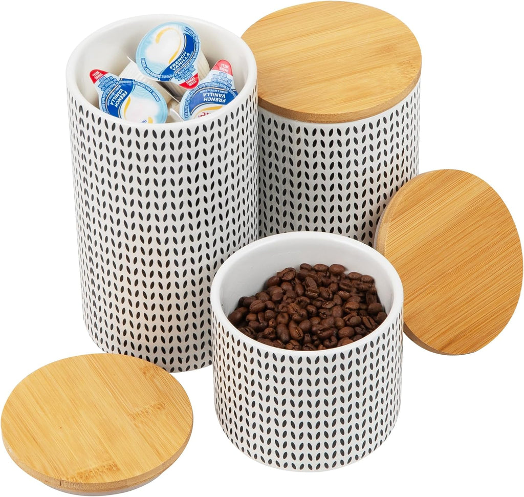 3-Piece Canister Set, Sugar Container, Coffee Storage, Lids, Kitchen, Ceramic, 4"L x 4"W x 7"H, Black and White