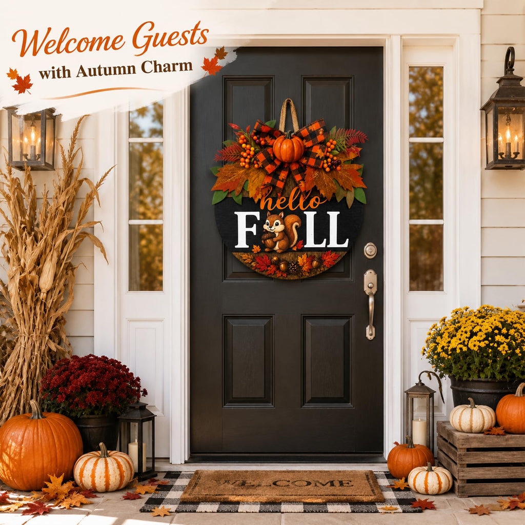 Fall Wreaths for Front Door Hello Fall Squirrel Door Hanger Thanksgiving Decor (Cute Hello Fall)
