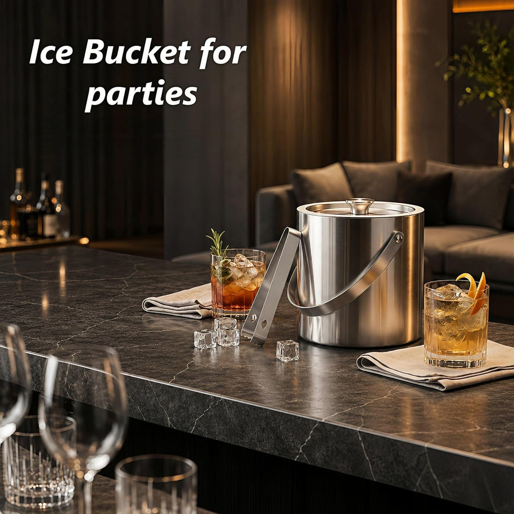 3L Stainless Steel Ice Bucket with Lid & Tongs for Parties