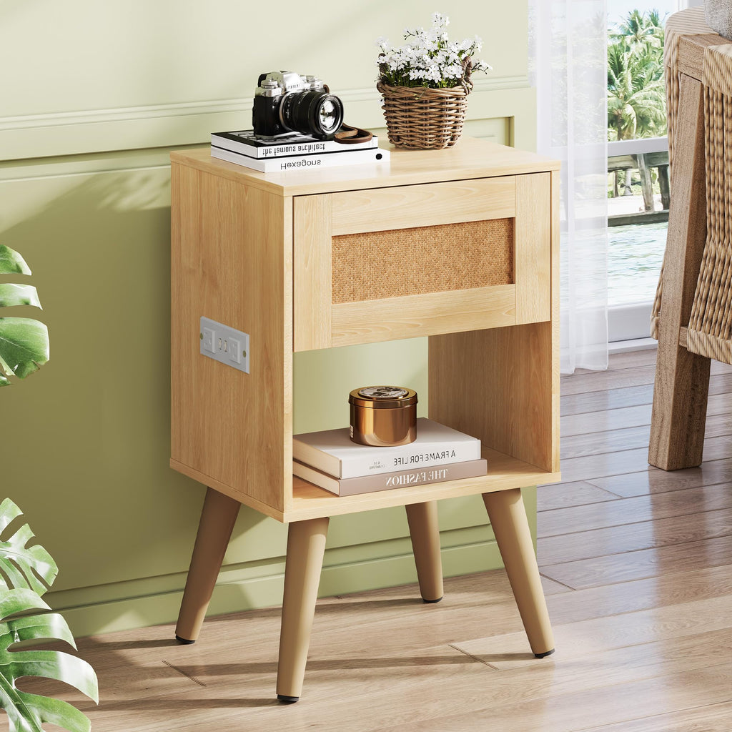Rattan Nightstand, Boho Side Table with Drawer Open Shelf, Natural