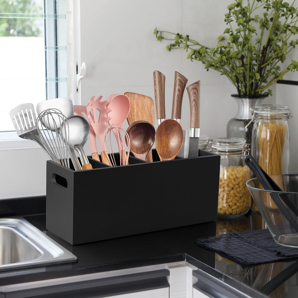 Large Utensil Holder with Removable Divider - 4 Compartment Wooden Utensil Caddy Organizer Counter - Black Cooking