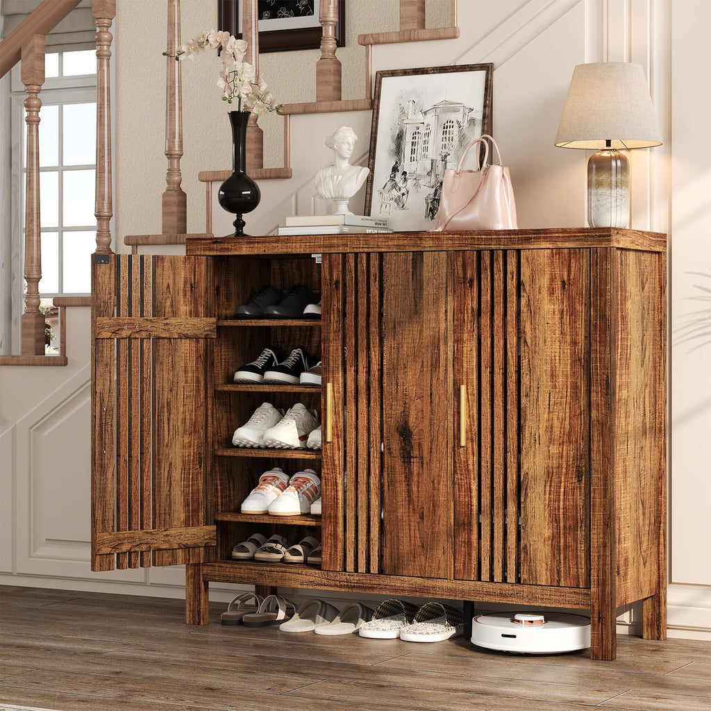 Wooden Shoes Cabinet with 3 Doors and Adjustable Shelves, Retro Freestanding Shoe Organizer Cabinet Hallway Living