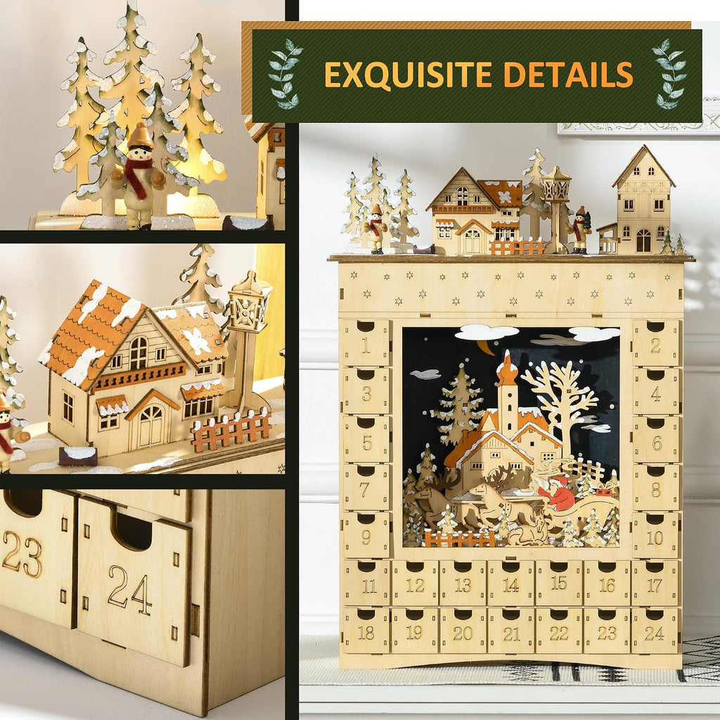 Christmas Advent Calendar Light Up 24 Countdown Drawers Natural