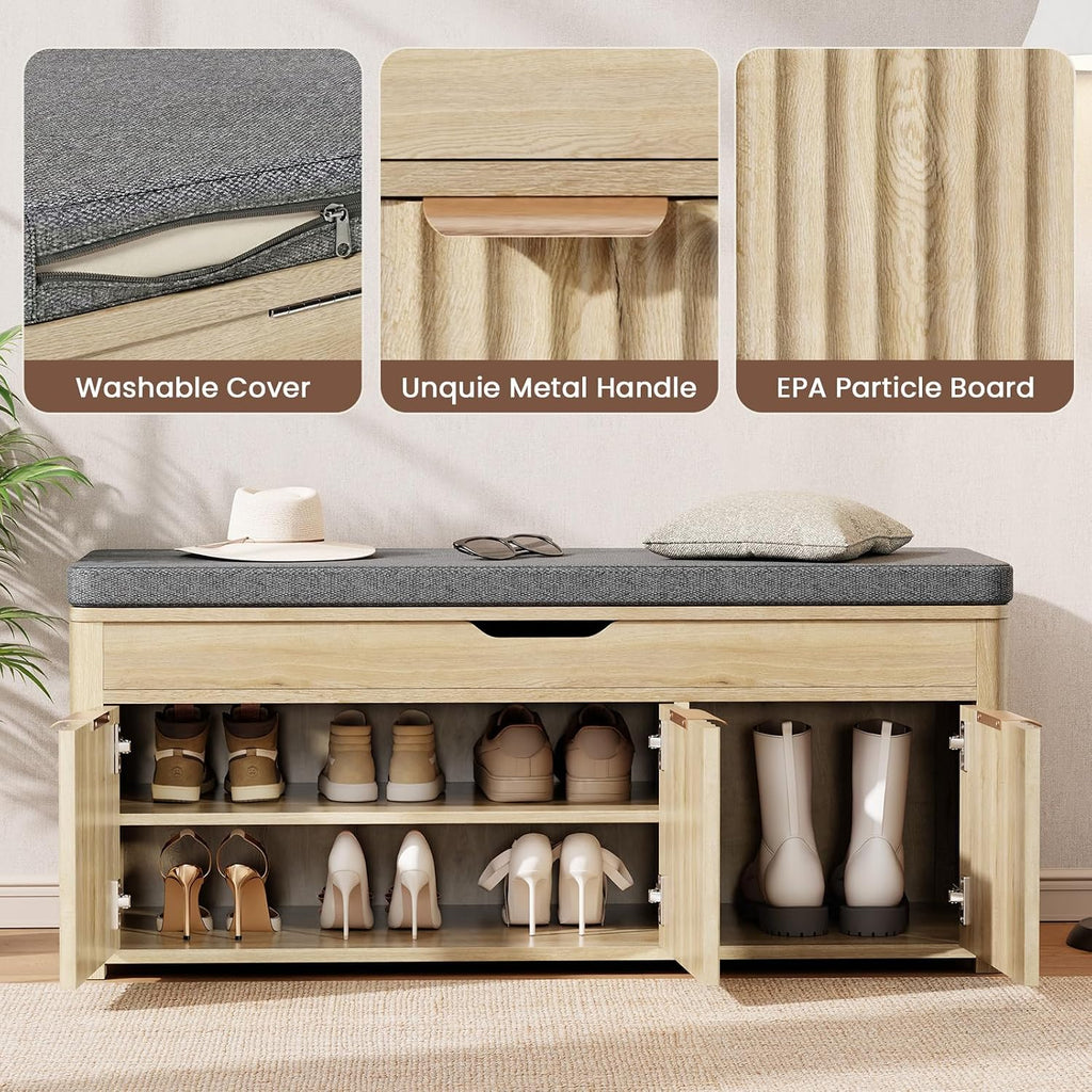 37.4" W Shoe Bench with Storage, Lift Top Entryway Bench, Natural | 2-Tier Adjustable Shoe Rack with Cushioned Seat