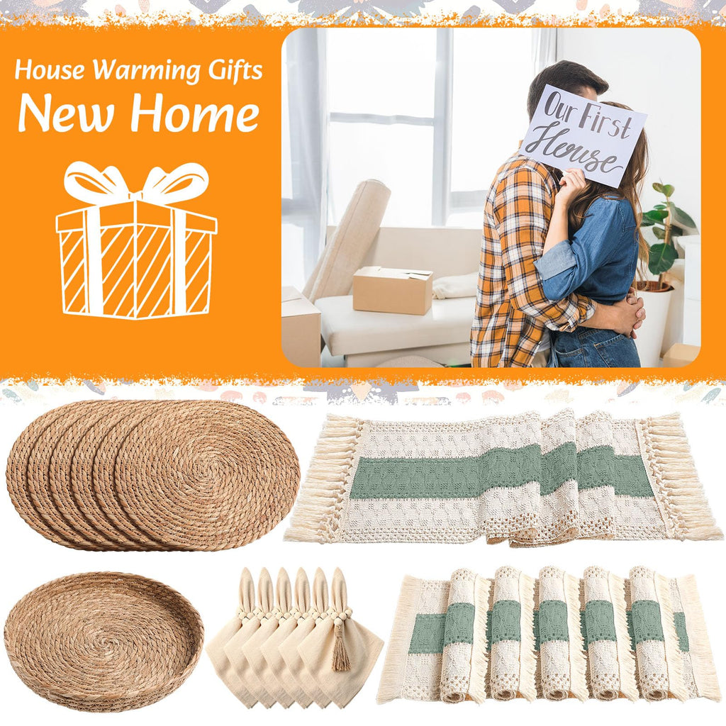 6 Sets Boho Table Runner and Woven Round Placemats Set, Green, 12x72