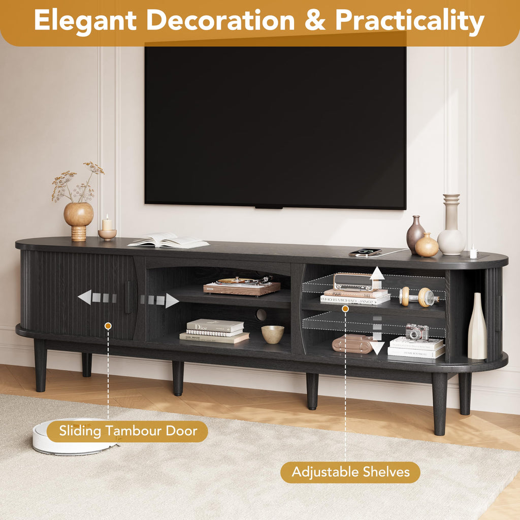 69" Fluted TV Stand for TVs Up to 80" with Charging Station, Black
