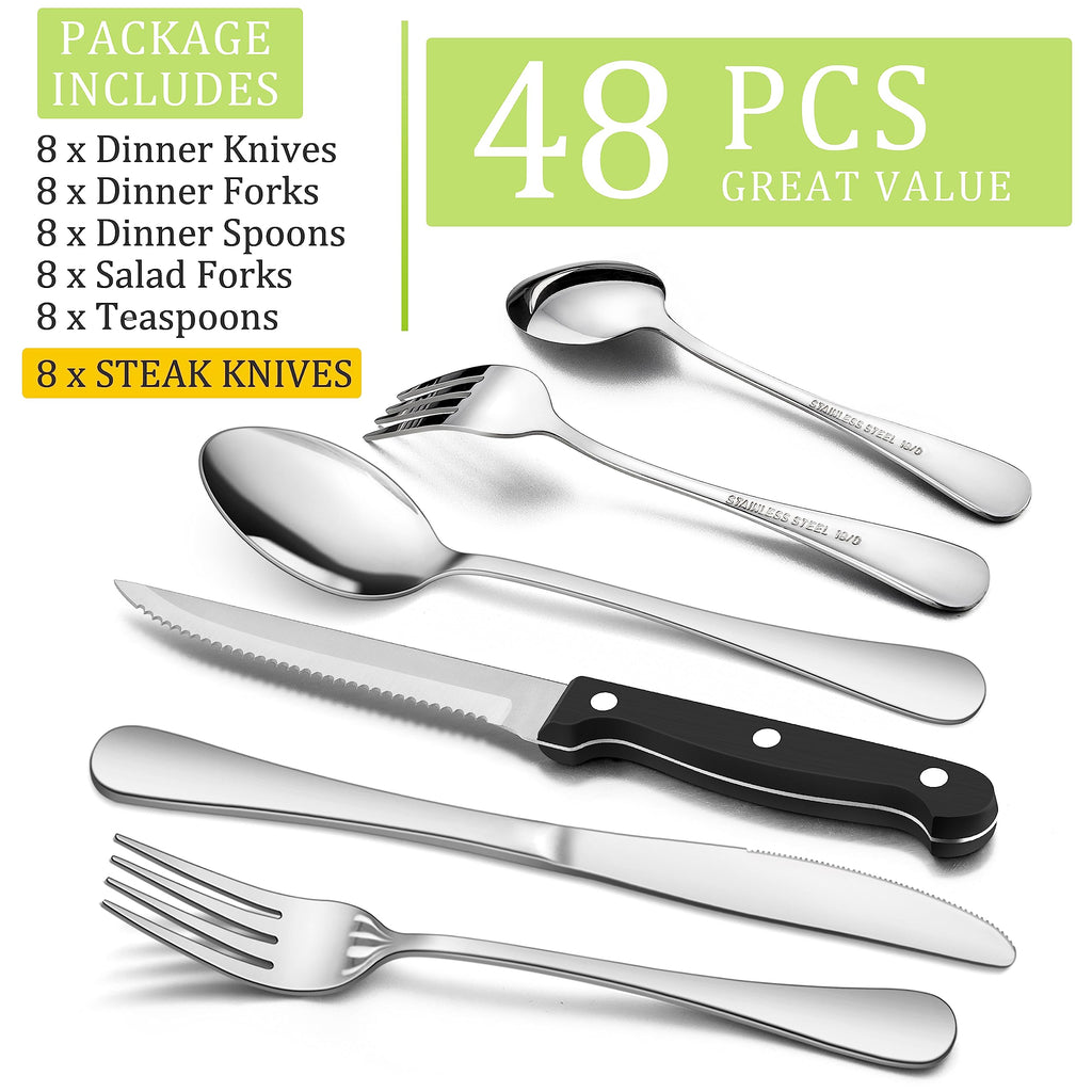 48-Piece Silverware Set with Steak Knives, Stainless Steel Flatware