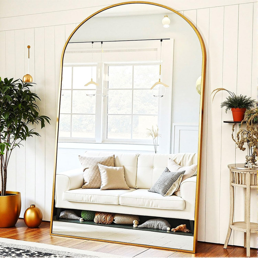 Full Length Floor Mirror, 91x46 Inch Oversized Arched Standing Mirror in Gold, Dressing Room - Elegant Freestanding