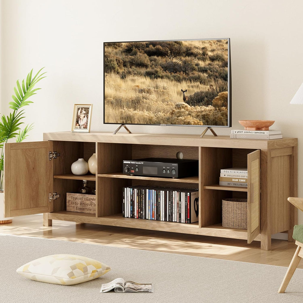 Rattan TV Stand for 75 inch, Boho Entertainment Center with Adjustable Shelves, Natural Oak TV & Media Cabinet 2-Tier