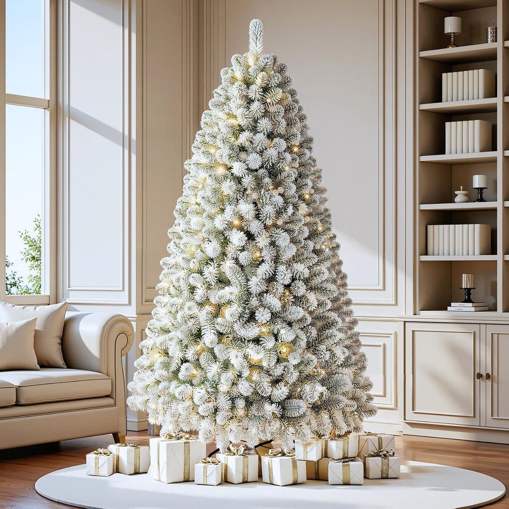 7.5 FT Pre-lit Snow Flocked Christmas Tree, Artificial Spruce Christmas Tree 1100 PVC Branch Tips 350 Warm White