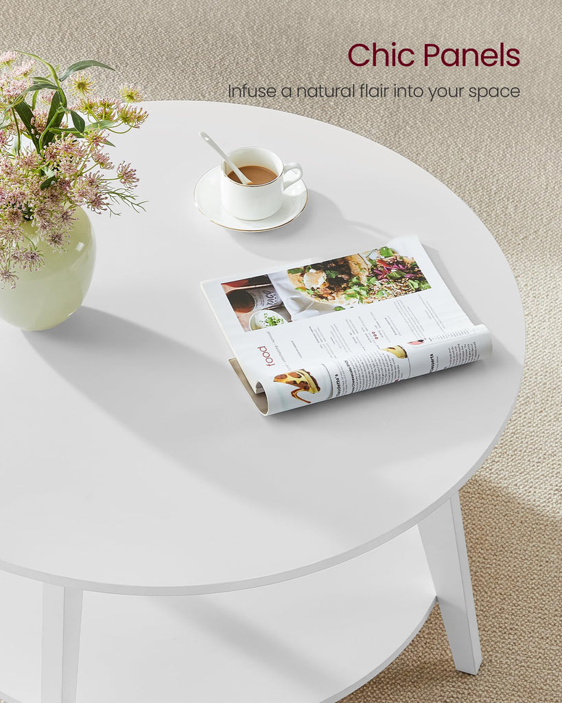 Round Coffee Table, 2-Tier Center Table with Storage, Tapered Legs