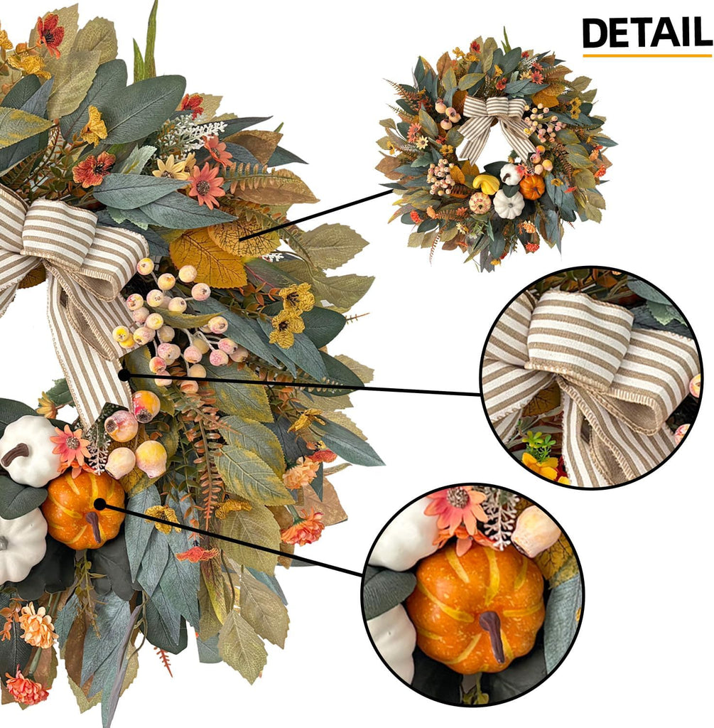 24 Inch Fall Wreath for Front Door,Pumpkin Wreath Farmhouse Decor