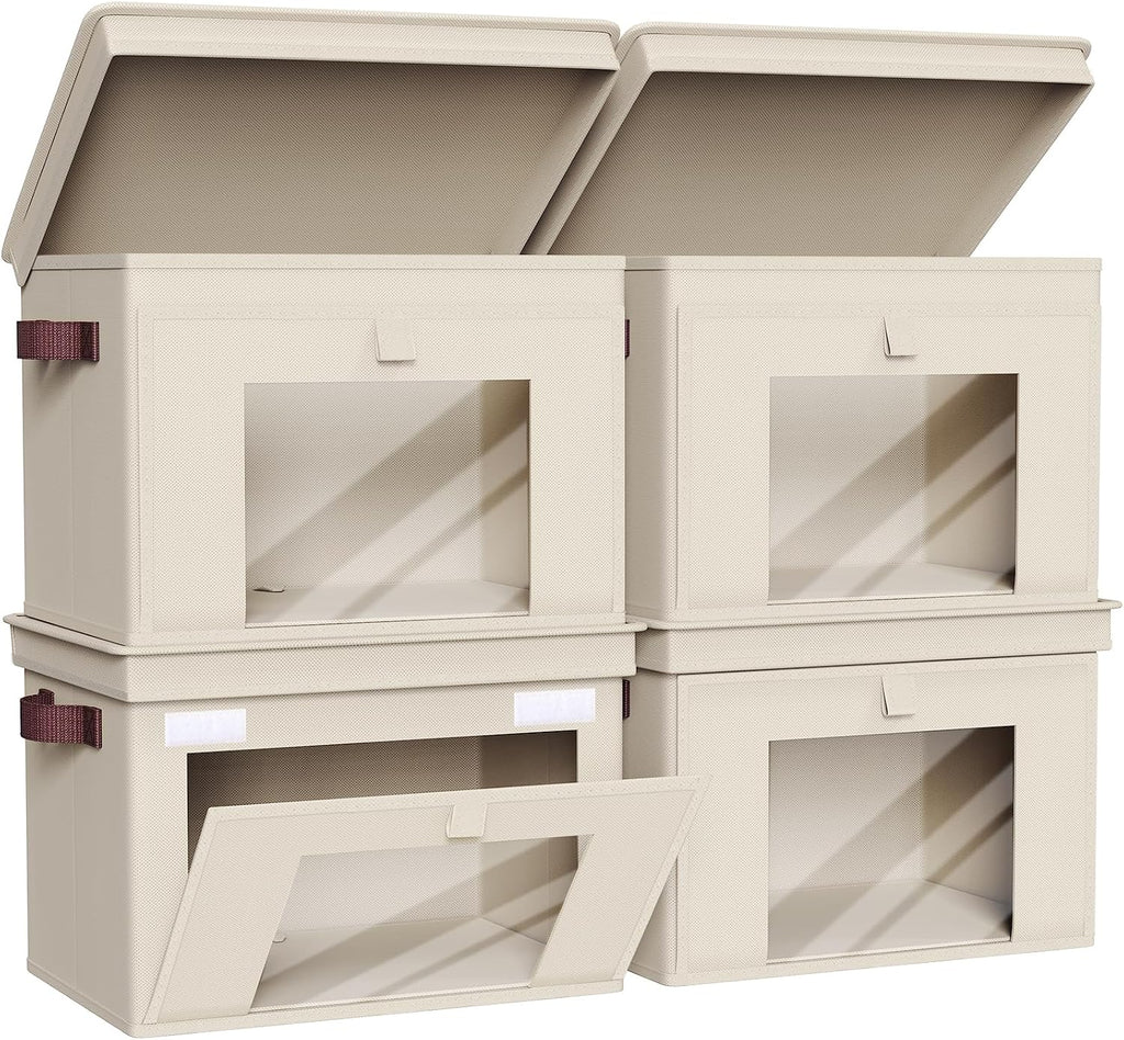 Front Opening Storage Bins with Lids for Closet, Beige, 4 Pack | Foldable Fabric Storage Cubes, Large Closet