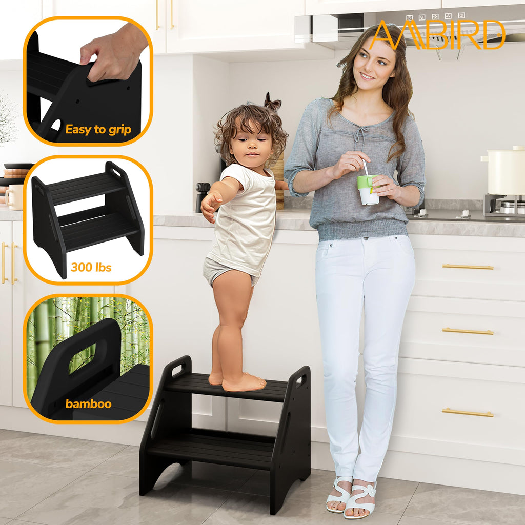 Wooden Step Stool - Two-Step 300 lbs Capacity With Safety Non-Slip Pads and Handles, Bamboo, Dual Height for Adults