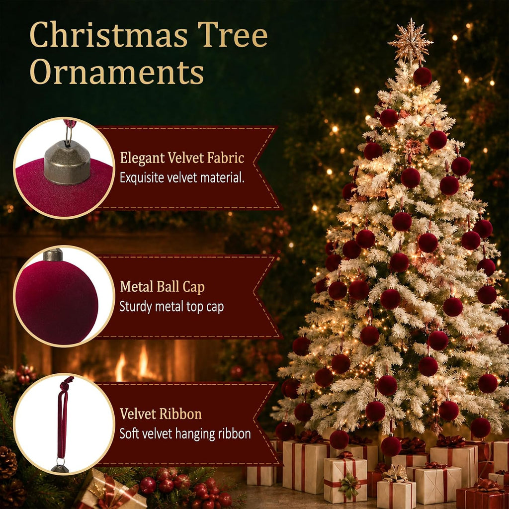 Red Velvet Christmas Decorations Balls, 2.65 Inch Christmas Ornaments Decor, Dark Red Flocked Ball for Family - Set of 15