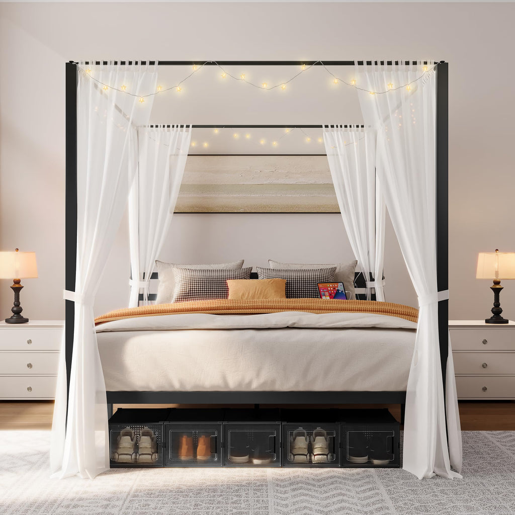 Canopy Bed Frame, Four Poster Platform Bed w/USB Charging Station