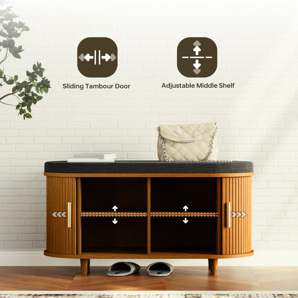 2-Tier Storage Bench, Wide Shoe Bench with Thickened Padded Seat Cushion, Mid Century Modern Fluted Sliding Door and