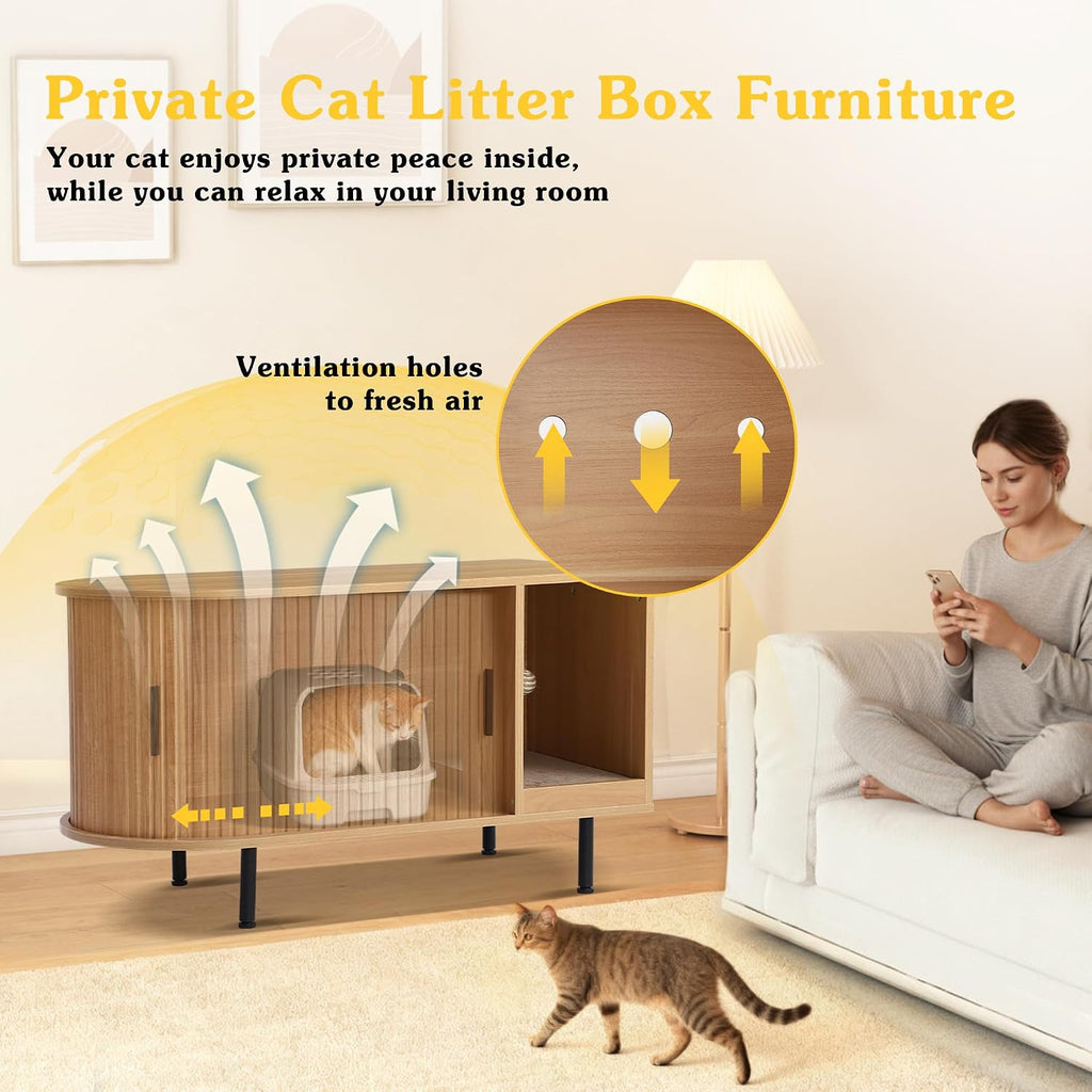 Cat Litter Box Furniture Enclosure with Scratch Pad, Hidden Fluted Cabinet with Sliding Door, Multi-Functional Modern