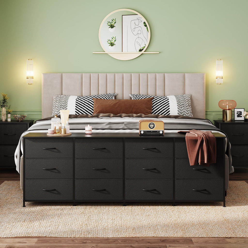 Long Dresser TV Stand for 85 Inch TV, 12 Drawer Dresser, Black