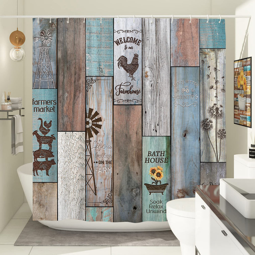 Farmhouse Rustic Set Vintage Country Shower Curtains Wood Farmhouse Bathroom Decor Polyester Fabric-72" x 72"