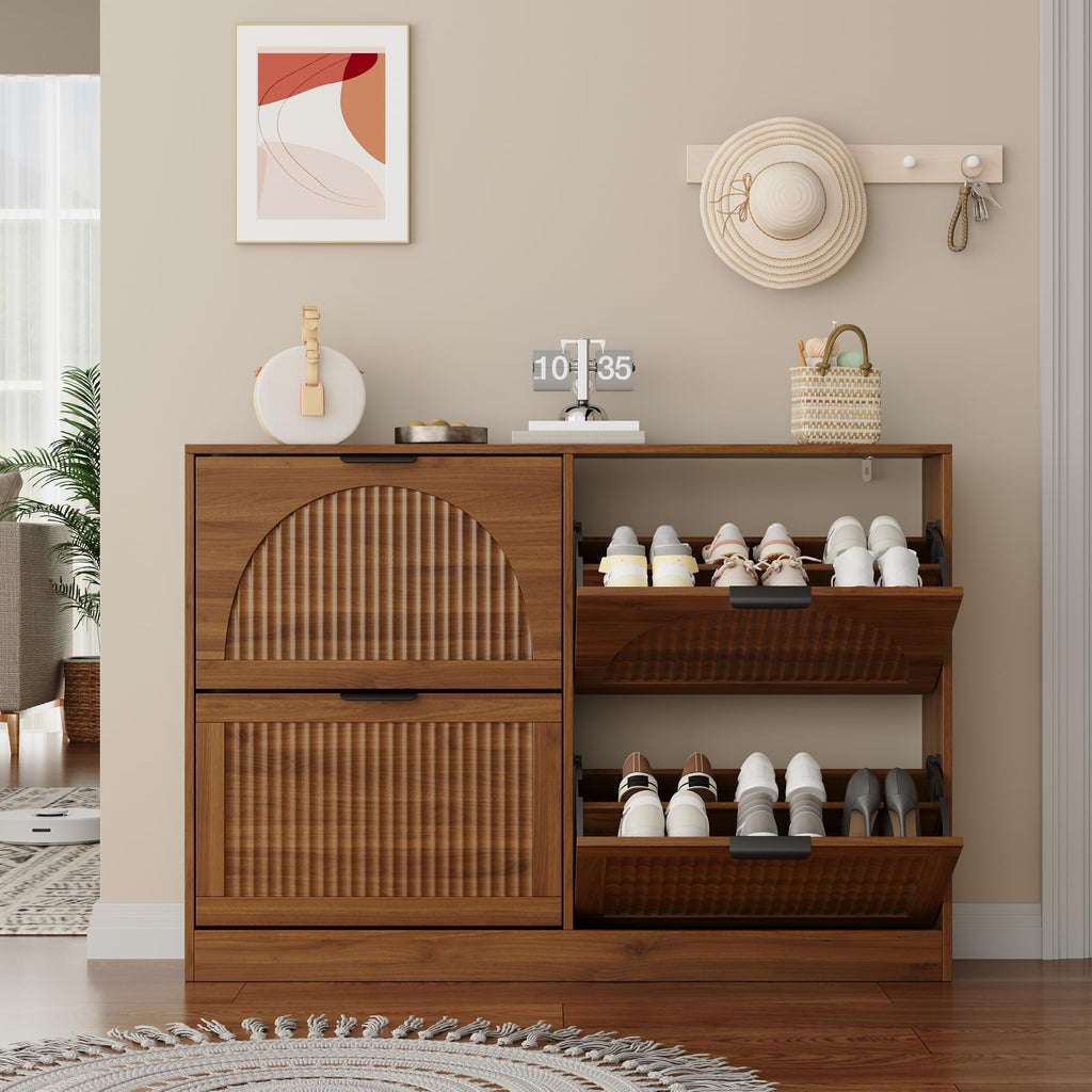 Fluted Shoe Storage Cabinet, 4 Flip Drawers, Walnut