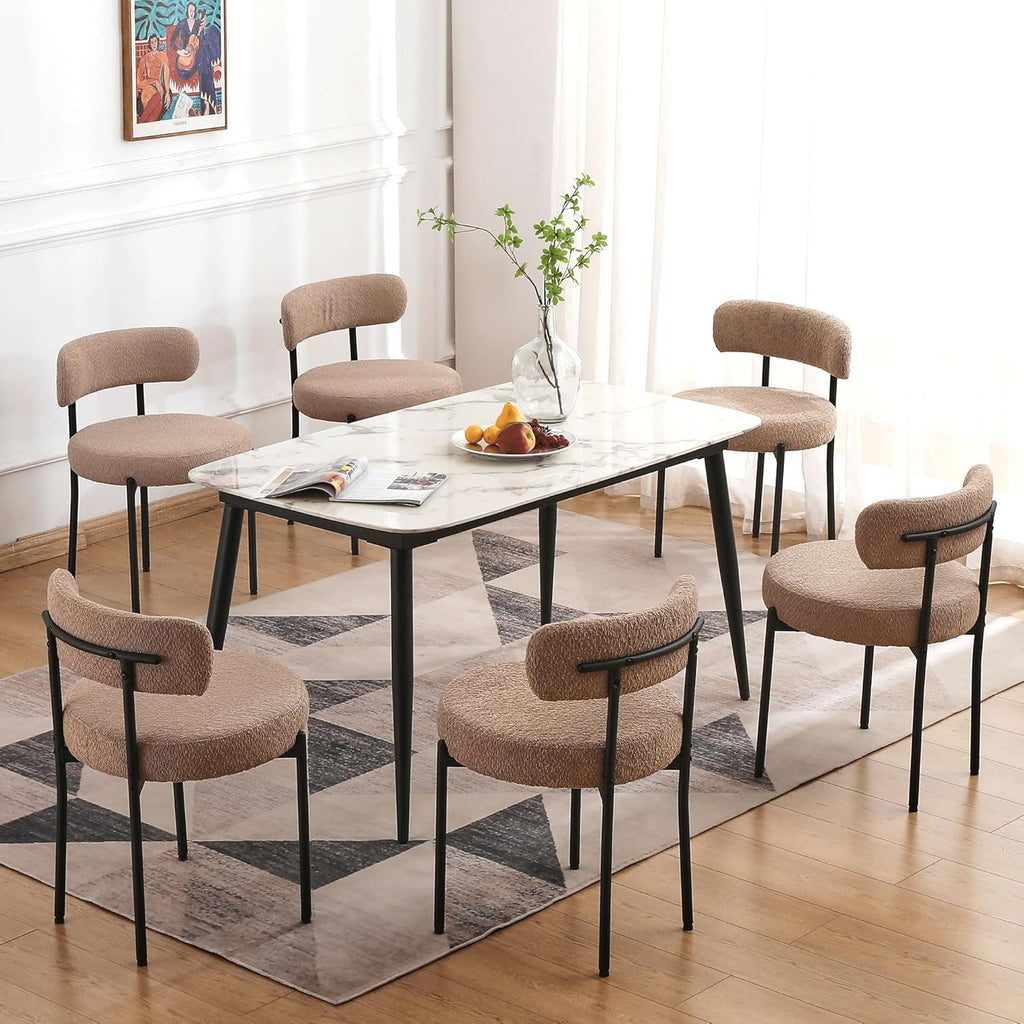 Upholstered Dining Chairs Set of 6, Mid-Century Modern Boucle Dining Chairs with Curved Backrest and Black Legs for Kitchen or Dining Room