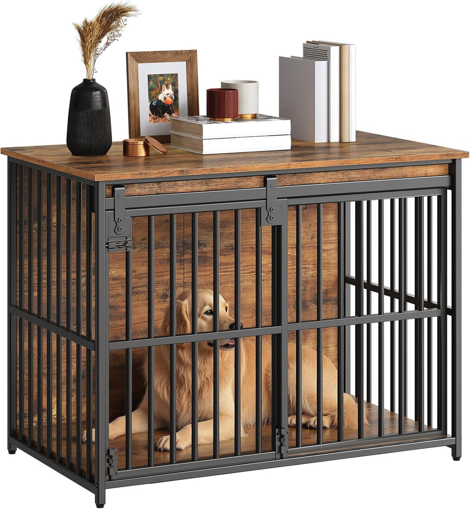 Dog Crate Furniture, 36.6" Heavy Duty Dog Kennel with Sliding Barn Door, Wooden Dog Cage Indoor