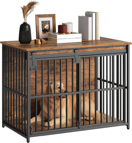 Dog Crate Furniture, 36.6" Heavy Duty Dog Kennel with Sliding Barn Door, Wooden Dog Cage Indoor