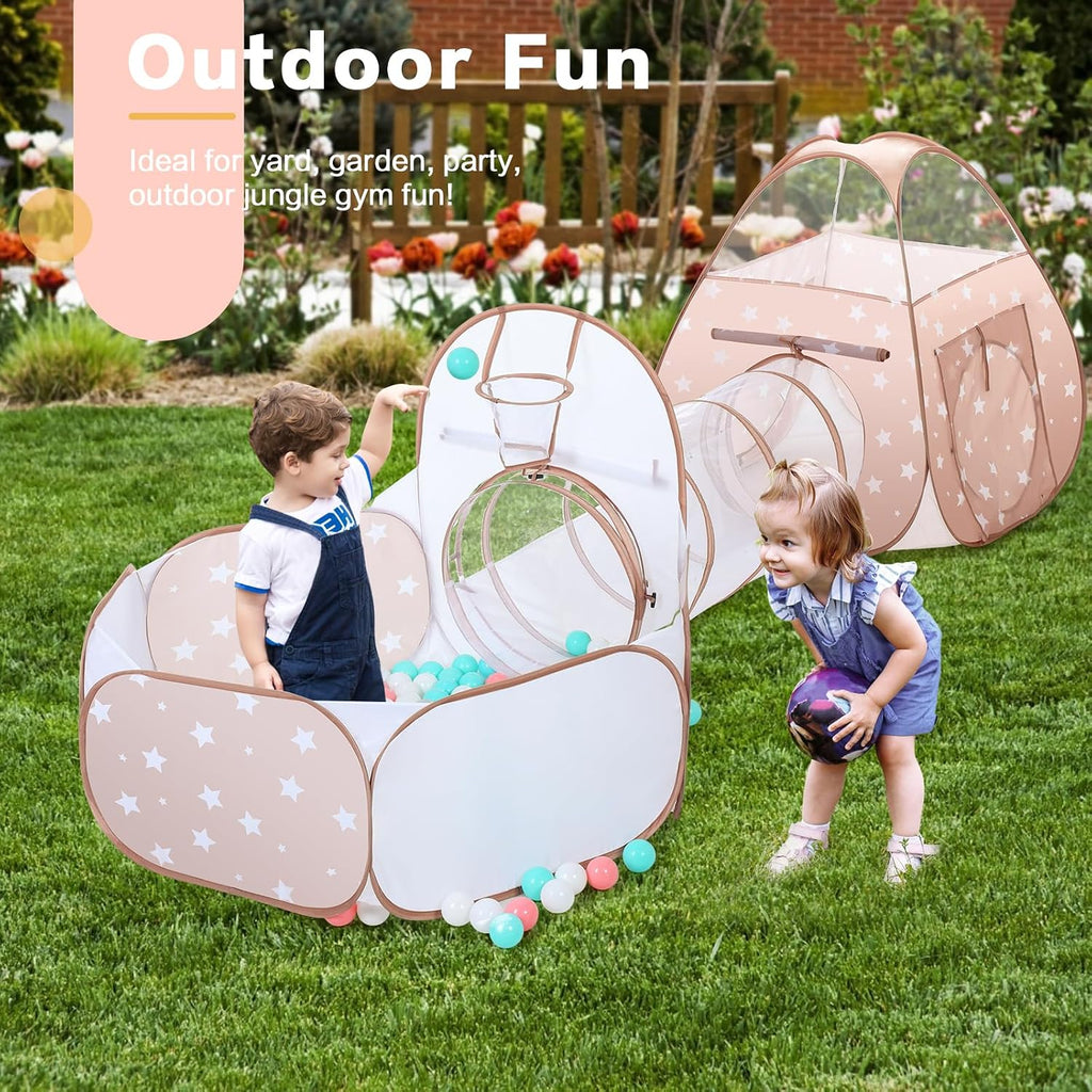 3 in 1 Kids Play Tent: with Baby Ball Pit and Play Tunnel - Children Indoor Outdoor Playhouse with Climbing Tunnel