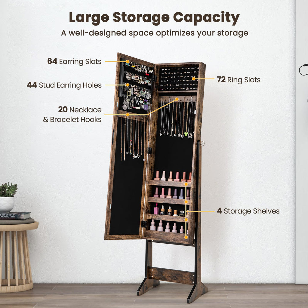 Jewelry Cabinet, Jewelry Organizer with Full Length Mirror Door, Standing Makeup Mirror Cabinet, Freestanding Jewelry