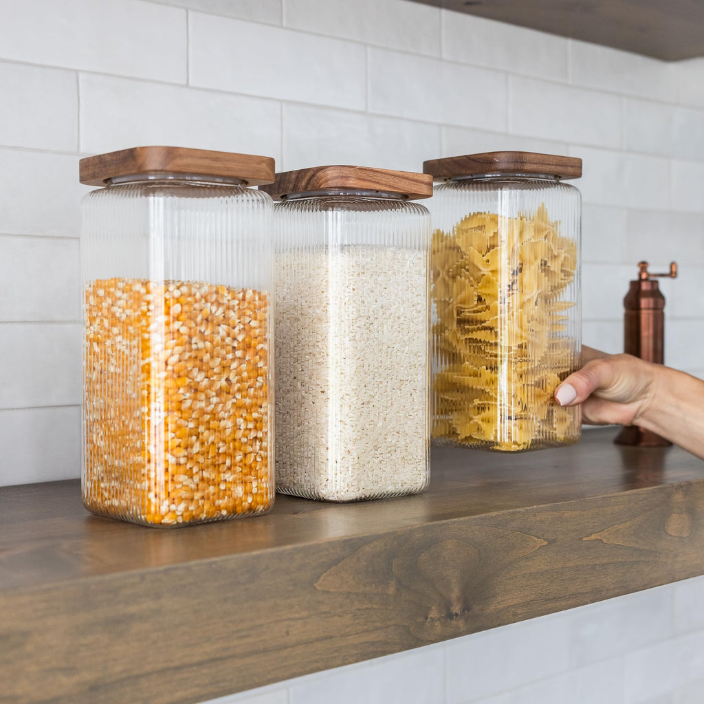 Ribbed Glass Square Jar with Wooden Lid 58fl.oz - Set of 3 | Airtight Fluted Storage Canister for Food, Pasta