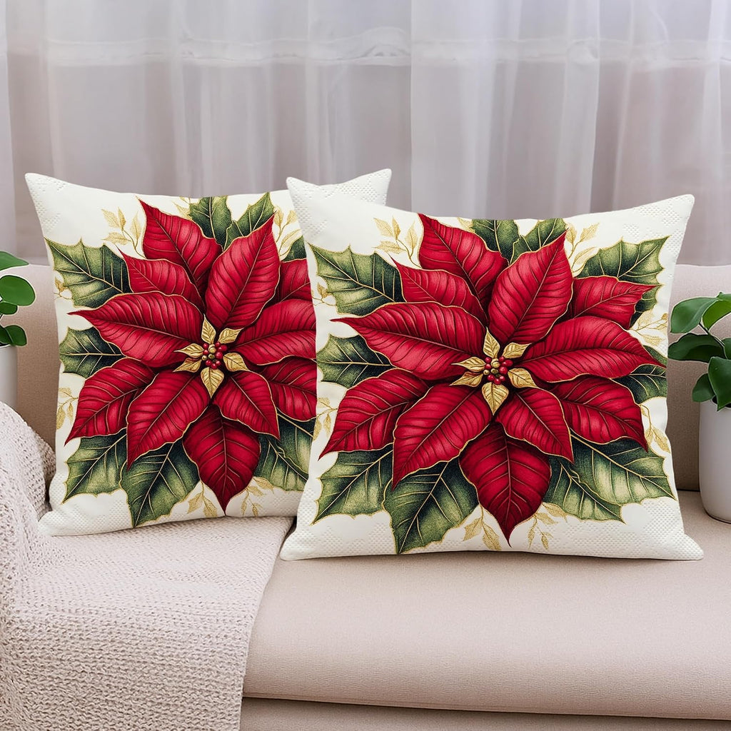 Retro Christmas Poinsettia Throw Pillow Covers 18x18, Soft Fun Xmas Plant Pillow Cases Kit with Zipper - Set of 2