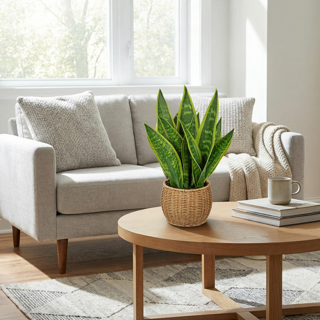 Artificial Snake Plant in Woven Basket 17" Faux Sansevieria Trifasciata Plants Fake Snake Plants Potted Room Indoor
