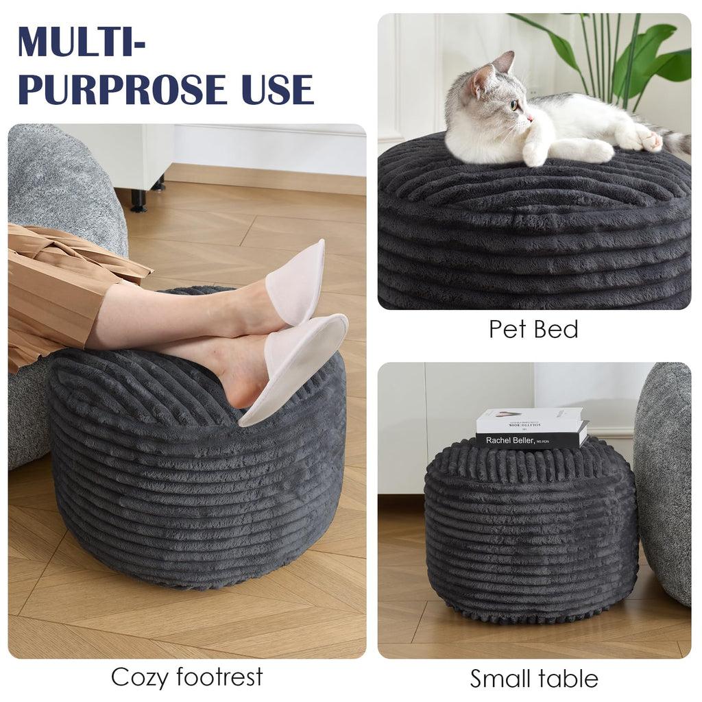 Stuffed Round Ottoman, Pouf Ottoman Foot Rest, 20 X 15, Dark Grey