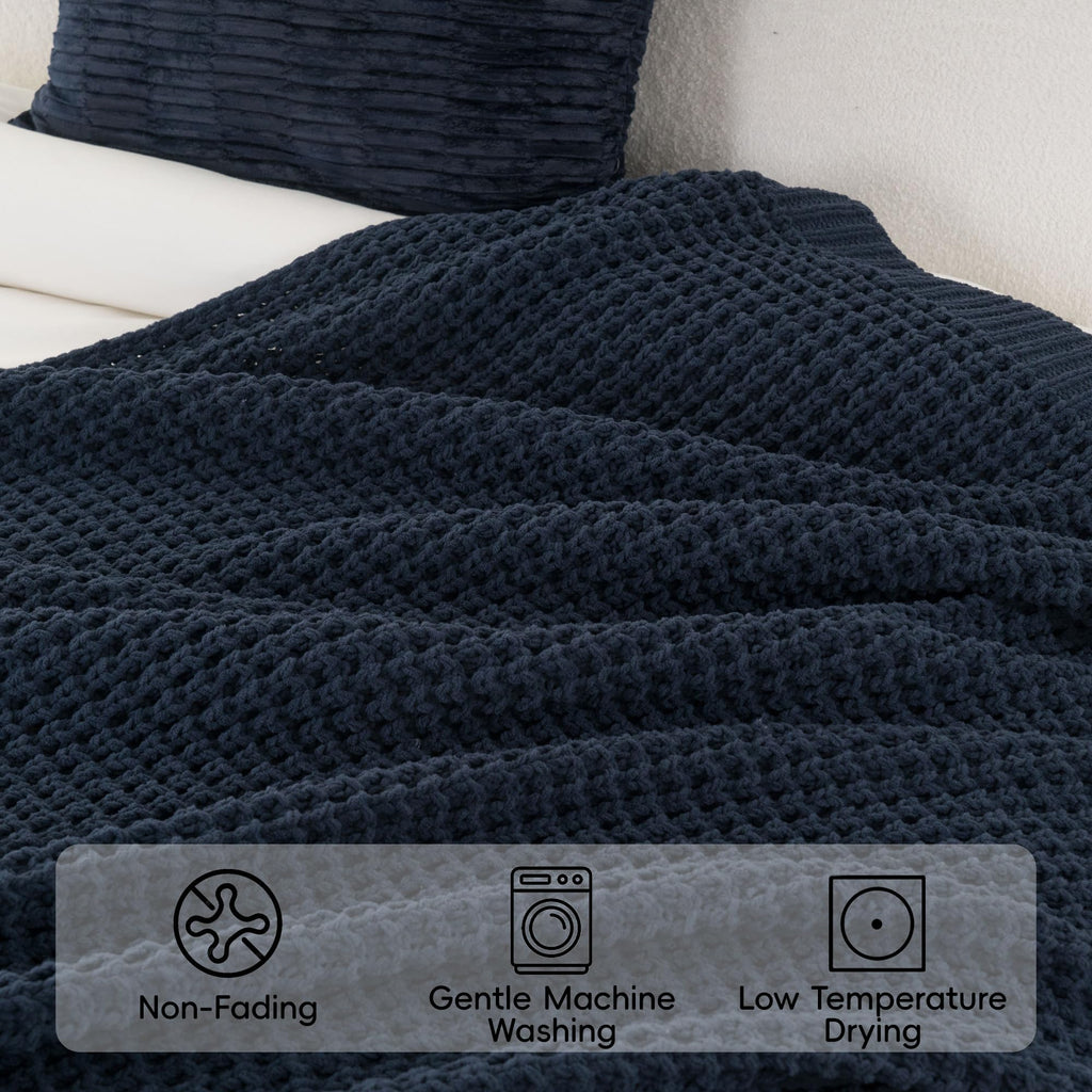 Navy Blue Throw Blanket for Couch, Chenille Knitted Blue Blanket 60''x80''
