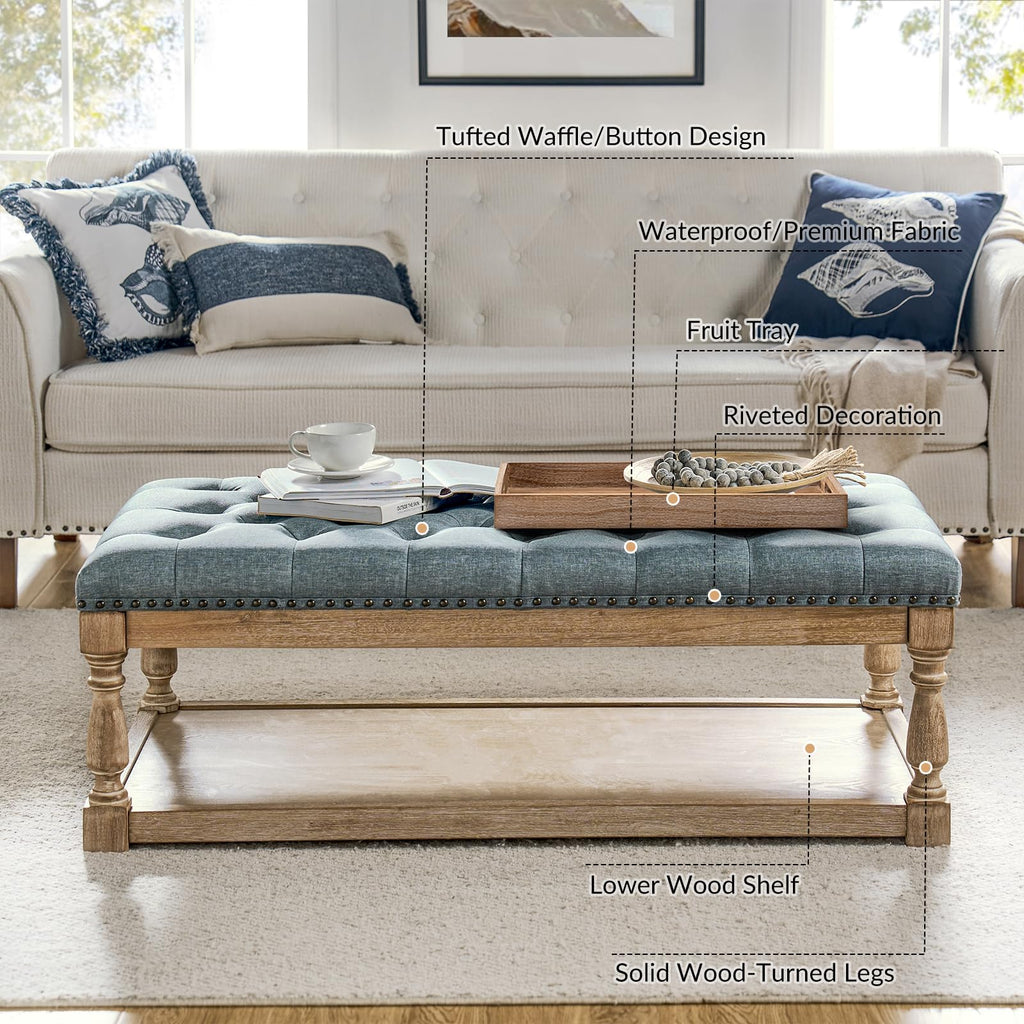 Storage Tufted Ottoman Coffee Table with Solid Wood Legs, Blue