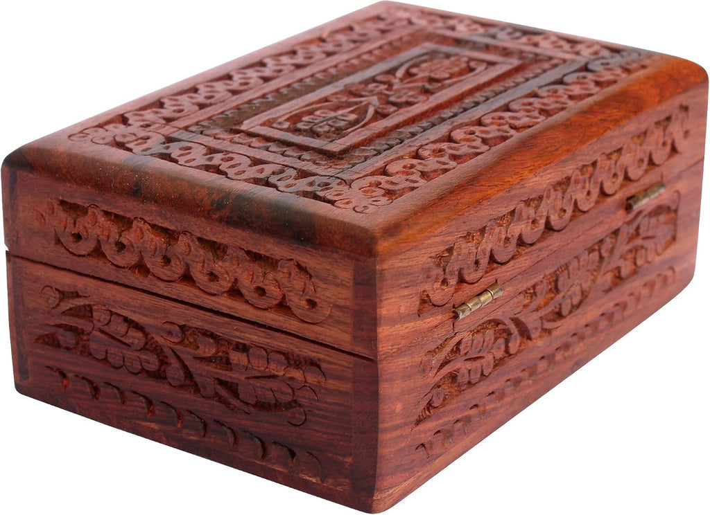 Handmade Wooden Keepsake Storage Case Jewelry Box Jewel Organizer - Floral Hand Carvings with Brass Inlay - Gifts