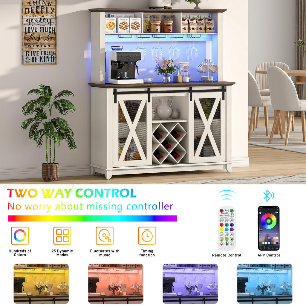 47" Wide 56" H Farmhouse Coffee Bar Cabinet with Power Outlet and LED Light, Wine Bar Cabinet w/3 Storage Hutch(White)