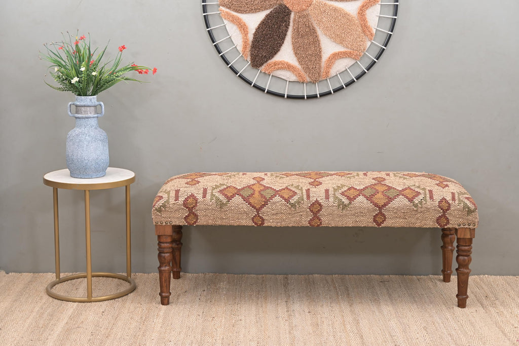 Acacia Wood Kilim Jute Fabric Upholstered Bench with Geometric Pattern | Wooden Ottoman with Turned KD Legs, End of