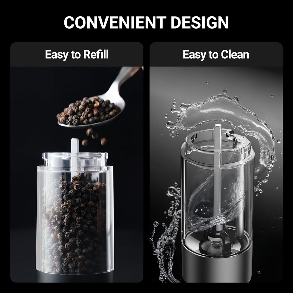 Electric Salt and Pepper Grinder Set, 110ml Larger Rechargeable Automatic Salt and Pepper Mill Grinder with 6 - Set of 2