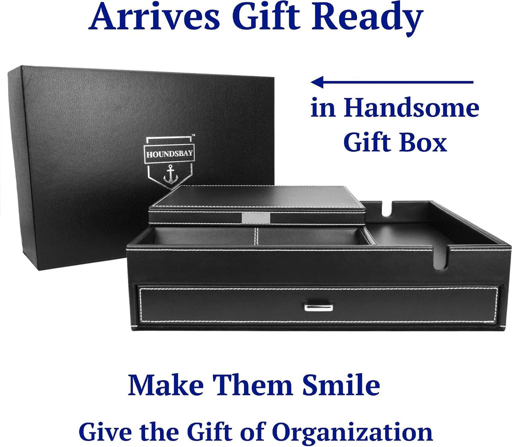 Admiral Dresser Valet Box & Mens Jewelry Box Organizer with Large Smartphone Charging Station (Grey)