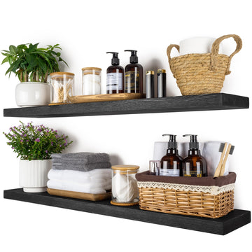 Solid Wood Floating Shelves for Wall 36 inch, Black, Set of 2