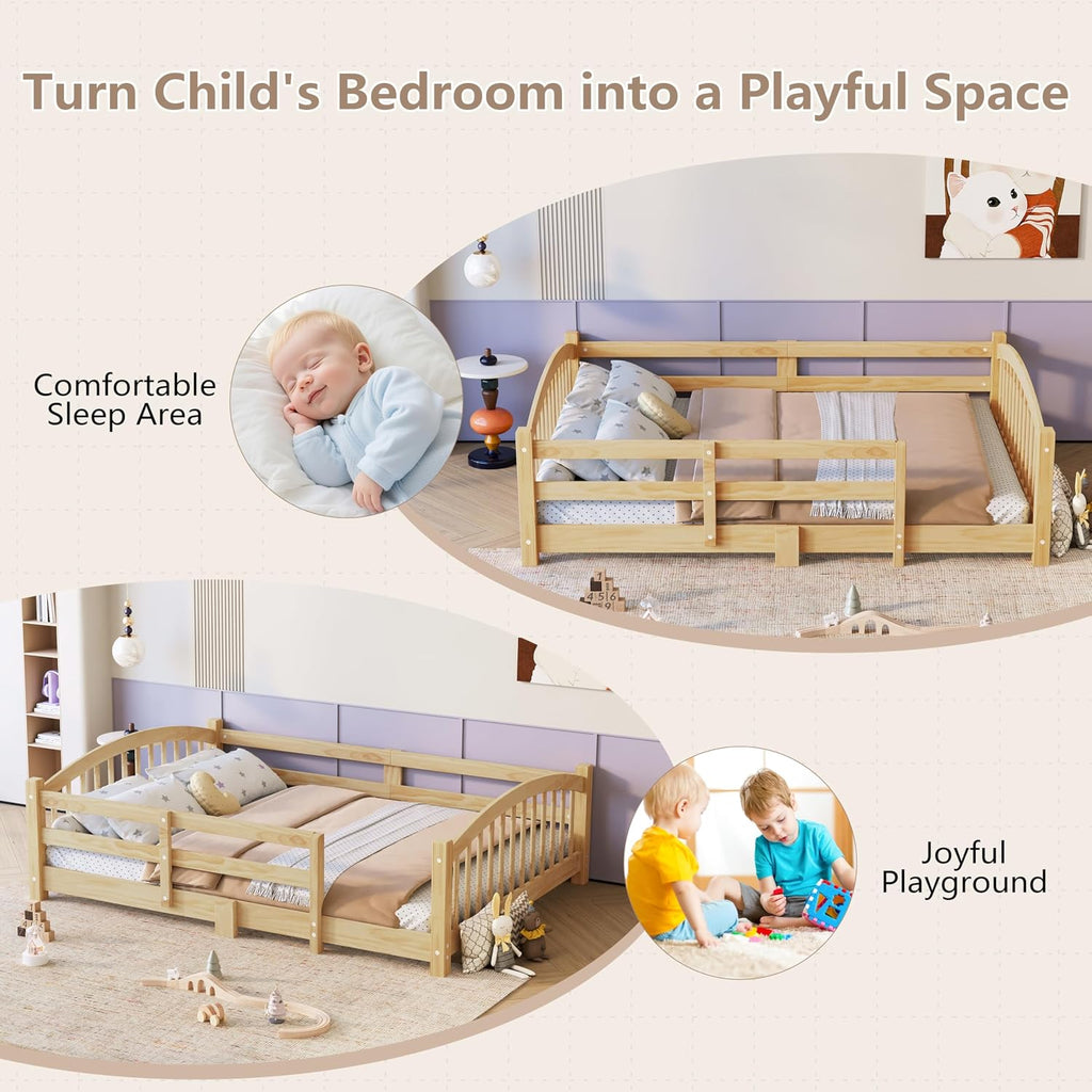 Montessori Floor Bed with Safety Fence, Solid Wood Floor Bed Frame for Boys Girls, Wooden Slats Support, No