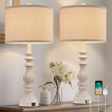 28.5" Tall Farmhouse Table Lamps Set of 2 Rustic Bedside Lamps with USB C+A Traditional Lamp Nightstand Office